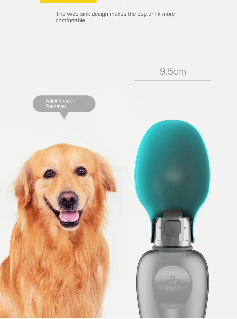 Dog water bottle with a button upgrade for easy one-handed operation, featuring a dog and product image.